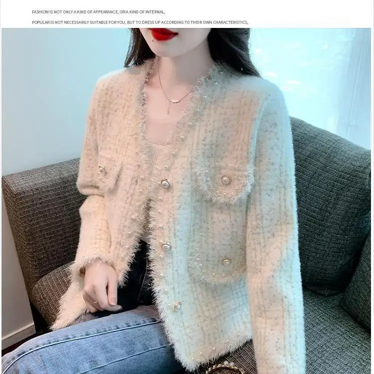 

Set beaded fringed knitted cardigan women's clothing 2025 spring and autumn new temperament imitation mink velvet jacket top