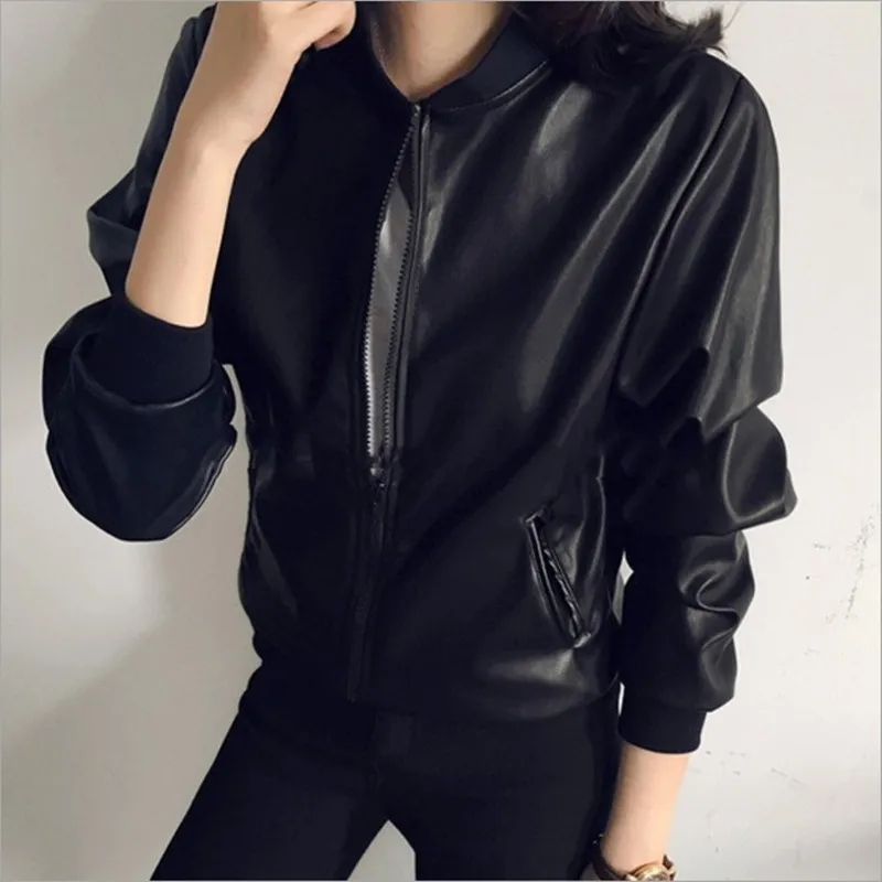 Women\'s PU Leather Jacket Zipper Moto Biker Coat Slim Fitting Solid Color Long Sleeve Casual Street Wear Zipper Black Top Autumn