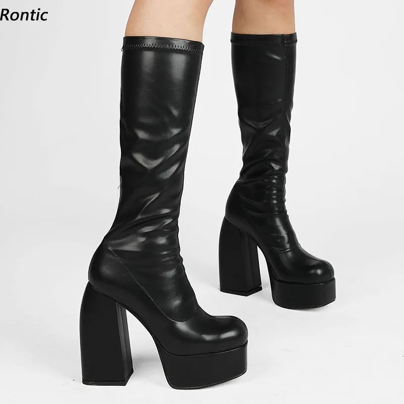 

Rontic 2022 Handmade Women Spring Mid Calf Flexible Boots Chunky Heels Square Toe Elegant Party Shoes US Size 4-13