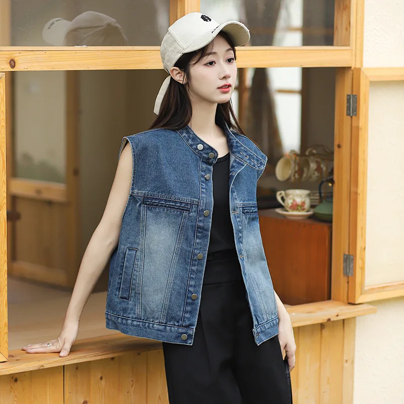 

Свободный Летний Новый джинсовый жилет, Женский повседневный уличный синий жилет без рукавов