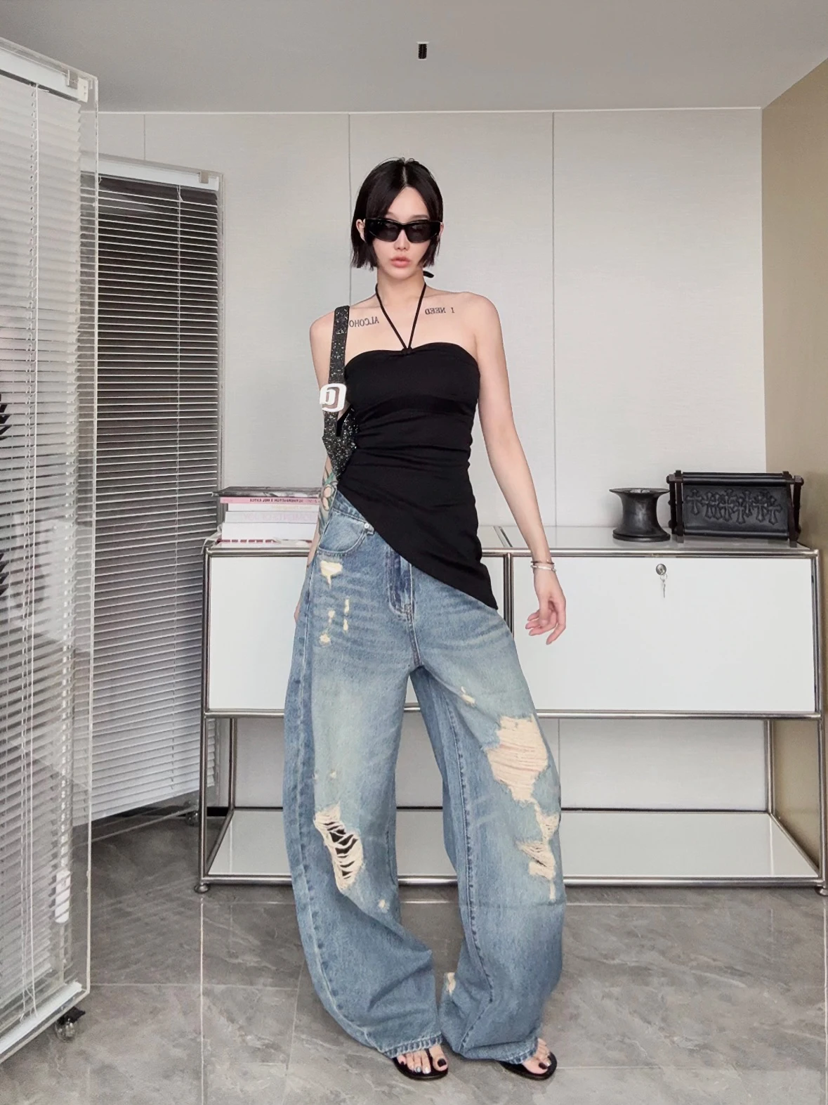 

IAMCPLUS 2025 Vintage Distred Curved Knife Denim Jeans High Waist Wide Leg Pants Casual Sle Summer Season Long Pants