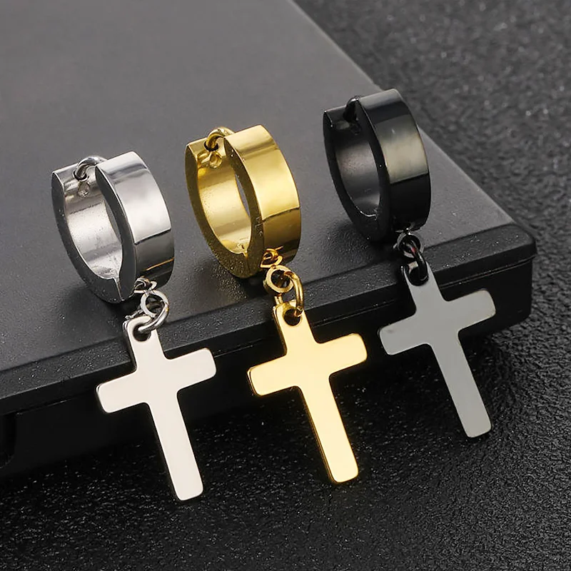 1 Pairs of Cross Earrings Dangle Hinged Men Earrings Stainless Steel Cross hoop Earrings for Men and Women