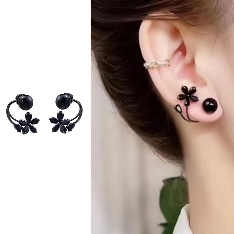 [HS][HS]1Pc Vintage Black Zircon Flower Pearl Stud Earrings Women Korean Elegant Personality Wedding Party Jewelry Gift