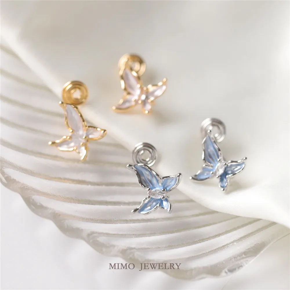 Gold-plated Exquisite Three-dimensional Ice White Ice Blue Butterfly Empty Bracket Stud Earrings DIY Handmade Charm Accessories