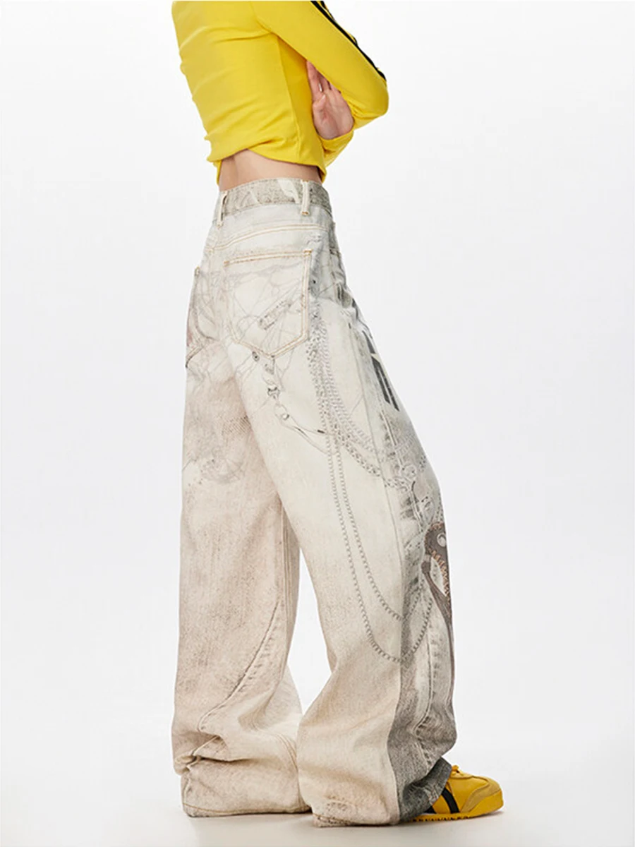 Azul calças de brim femininas hip-hop moda vintage streetwear y2k perna larga reta jean calças de cintura alta clássico baggy calças jeans