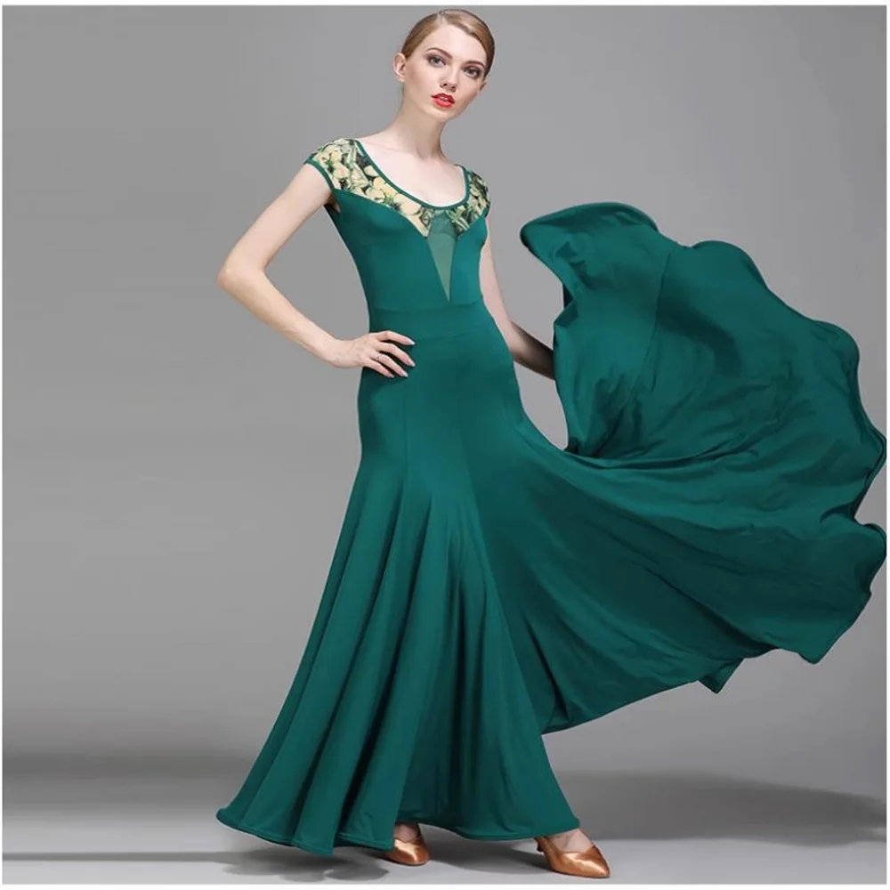 

Yellow backless ballroom dance performance costume women Printed short-sleeved modern dance long dress