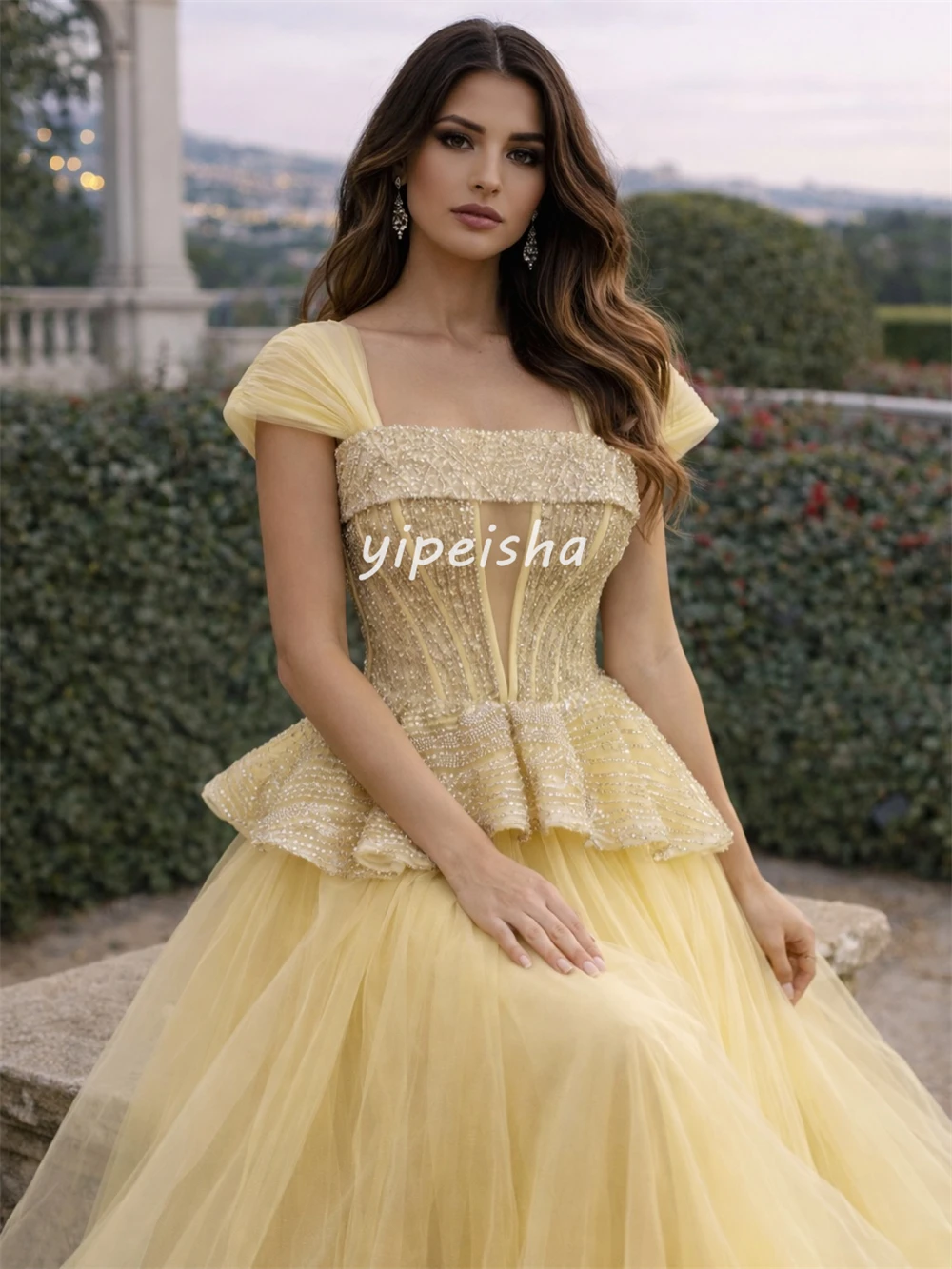 

Customized Exquisite Women Tulle Beading Ruched A-Line Evening Dresses Formal Square Neck Short Sleeves Floor Lenght Party Gowns
