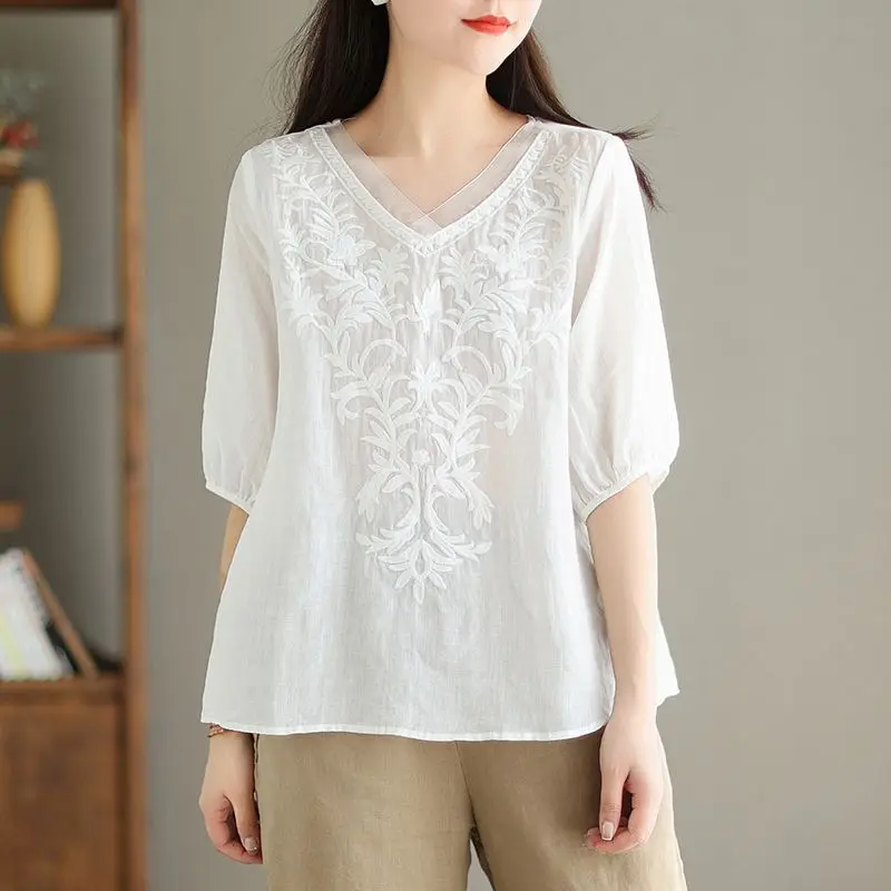 Summer Chinese Style Women Thin Style V-neck Solid Color Embroidery Loose Casual All-match Cotton and Linen Comfortable Shirt