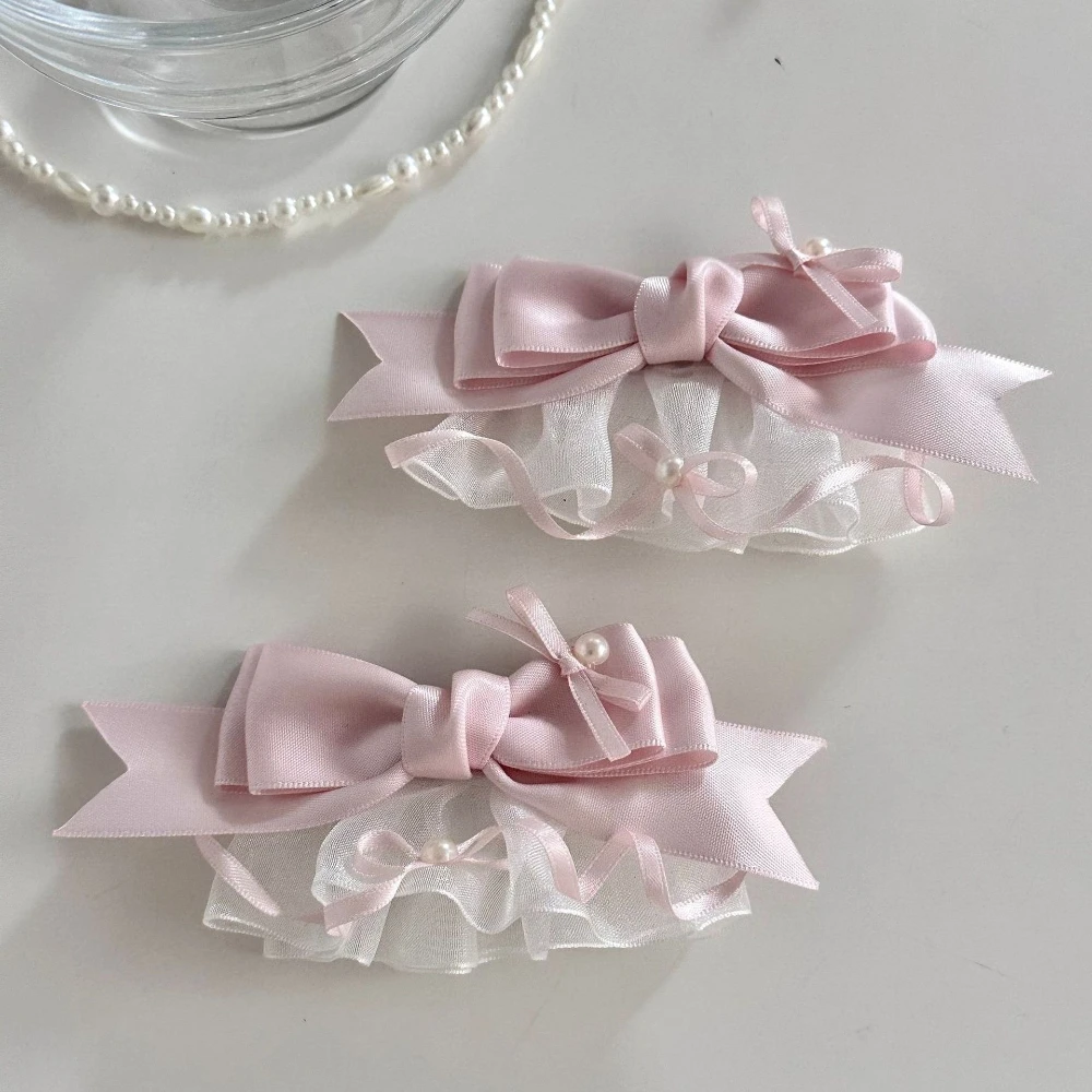 Sweet Pink Bow Hair Clip for Girls Ribbon Bow Short White Ruffle Metal Duckbill Clip Hair Ornaments