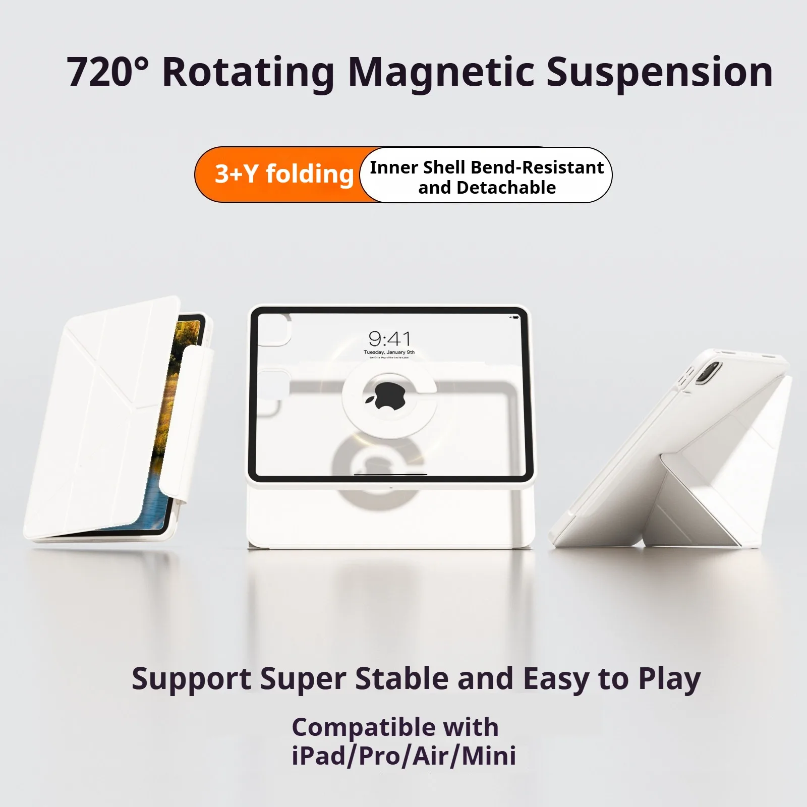 RBP Case iPad A16 11/10 Air 11 4/5 Pro 11/12.9/13 Detachable Y-Shaped Folding, iPad 10.2 Mini 6/7 Rotate 360° Detachable Cover