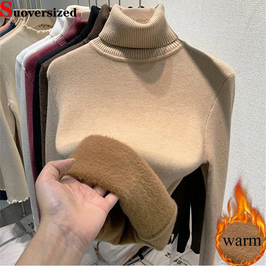 Turtleneck Sweater Winter Fleece Lined Thicken Black Pull Women Elegant Warm Long Sleeve Casual Add Velvet Basic Knitted Top New