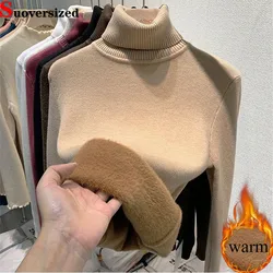 Suéter de cuello alto de punto cálido para mujer, prendas de punto suaves con forro polar grueso, Tops informales de terciopelo de manga larga para invierno