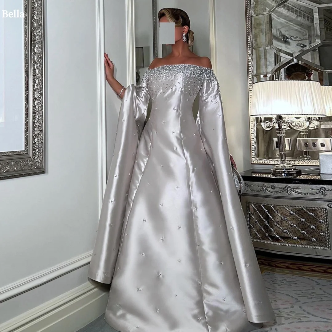 

Bella Customized Argent Glitter Pearls robes de soirée Off The ShoulderBell Sleeves Party Dresses Floor-Length Prom Dress 2025