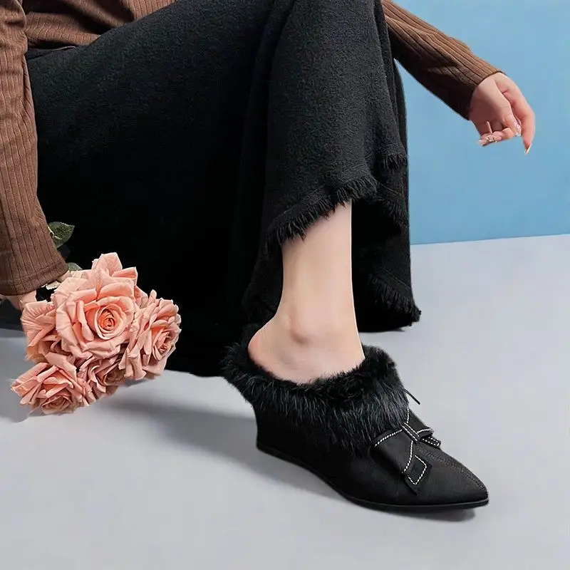 ladies-heels-mules-artificial-mink-fur-furry-elegant-woman-high-heel-bow-pointed-head-suede-wedge-warm-winter-shoes-office-lady