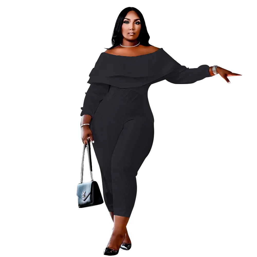 SOMO Casual Loose Plus Size Ribbed Elegant Jumpsuit Women 2022 Ruffles  Off Shoulder Long Pants Rompers Wholesale Dropshipping