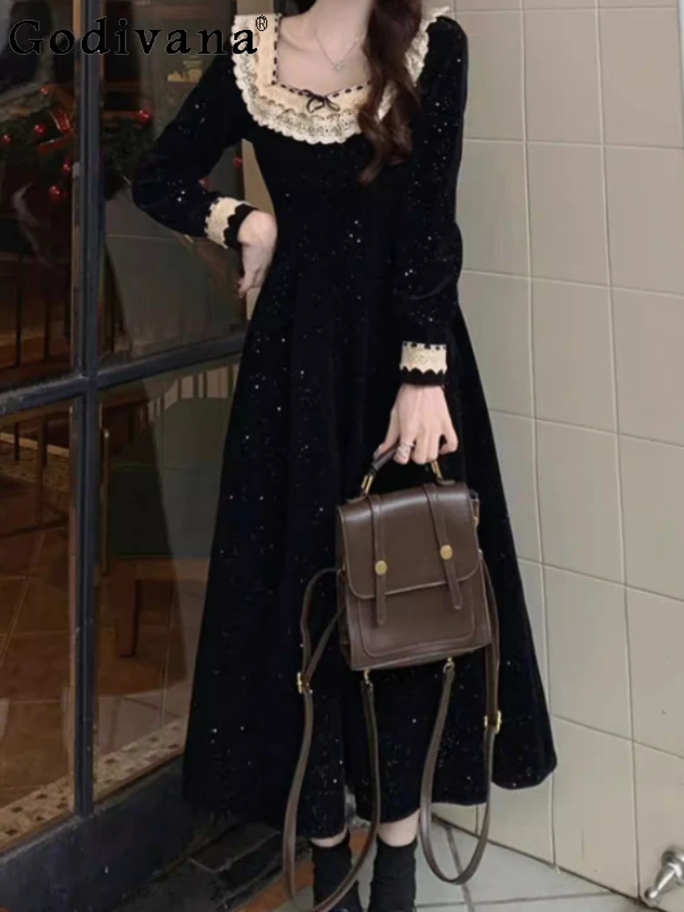 

Large Size Women Spring 2026 French Retro Lace Square Neck Black Dress Fashion Versatile Temperament Korean Long Sleeve Dresses