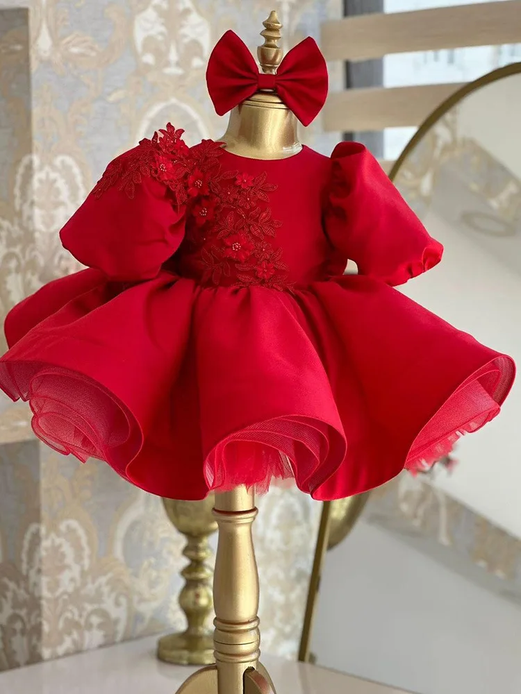 Baby Girl Princess Dress Puff Sleeve Infant Toddler Teen Bow Vestido Red Party Birthday Ball Gown Xmas Baby Clothes 1-12Y