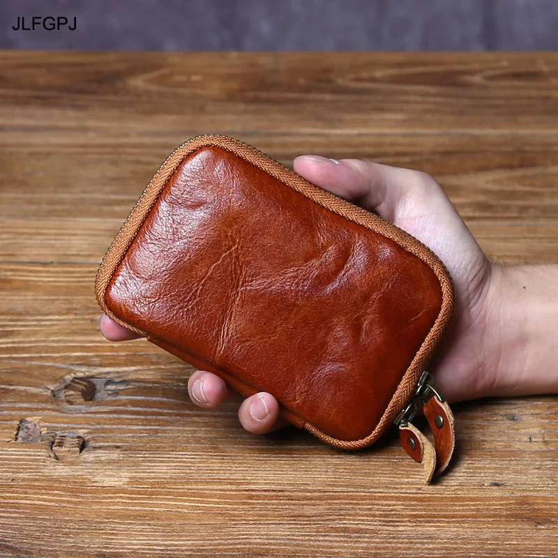 

JLFGPJ Handmade Retro Top Layer Vegetable Tanned Cowhide Zipper Small Wallet Men' Genuine Leather Simple Key Bag