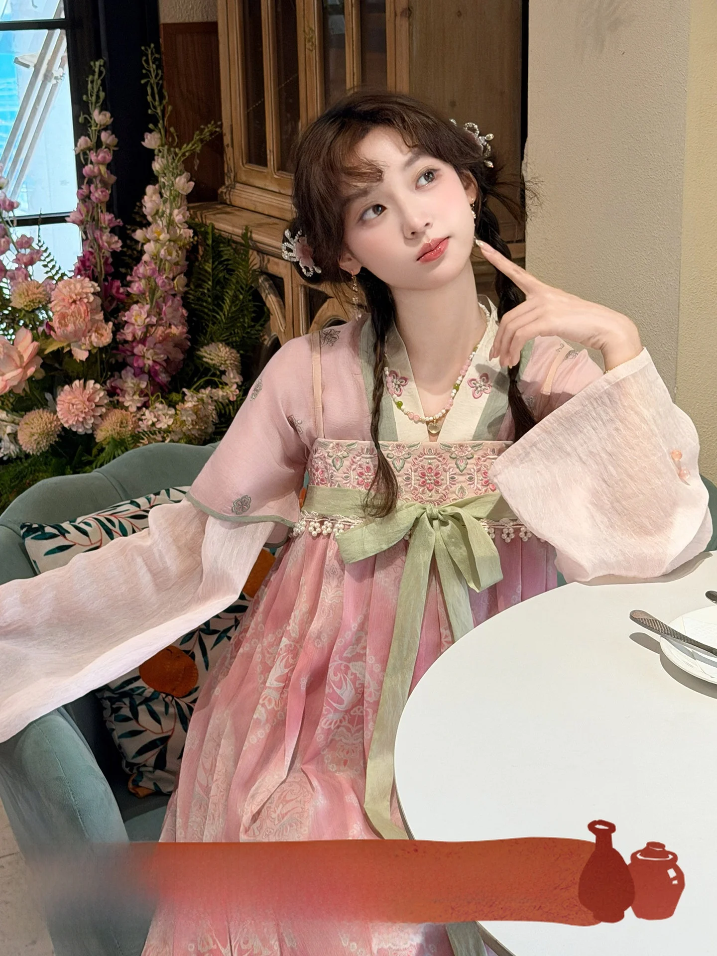 

Thirteen Surplus Little Lotus Seed Double Swallow Girl Sensation Improved Chest Hanfu Tunic Daily Dress Set for Teens