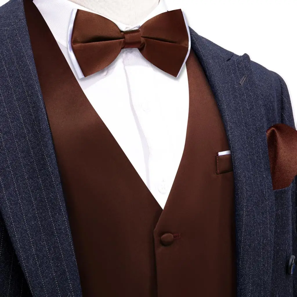 Silk Vest for Men Solid Plain Brown Coffee Color Wedding Waistcoat Bowtie Set Business Party Sleeveless Jacket Barry Wang