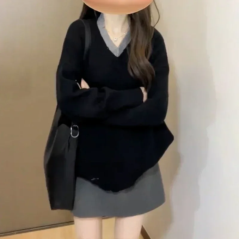 

Повседневные пуловеры с v-образным вырезом, женские контрастные цвета, осень-зима, свободный дизайн, эластичный винтажный стильный Ulzzang, повседневная новинка