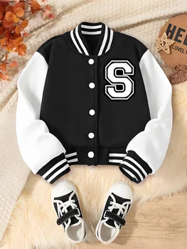 Children's Clothing, Girls' Short Baseball Jacket, Casual Sports School Uniform, Letter "S" Pattern Design Jacket, Suitable for Girls Aged 4 to 13, for Outdoor Wear and Home Casual Wear