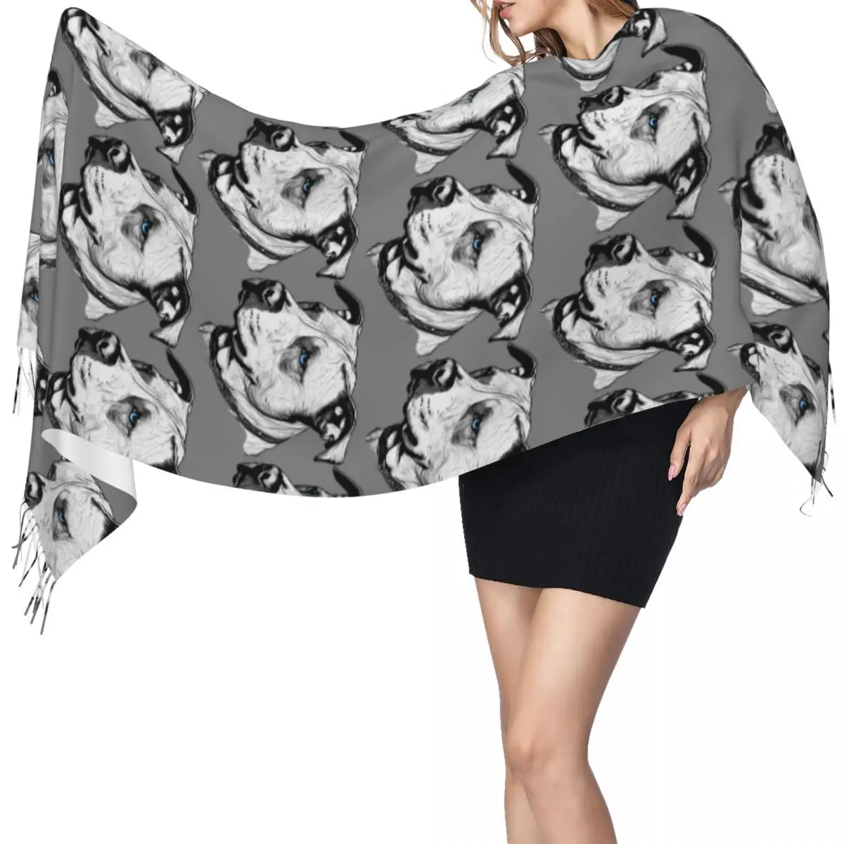 

Минималистичная линия Pitbull с голубыми глазами, шарф с кисточками, шарфы для женщин, мягкие теплые шали и накидки, большая осенне-зимняя шаль