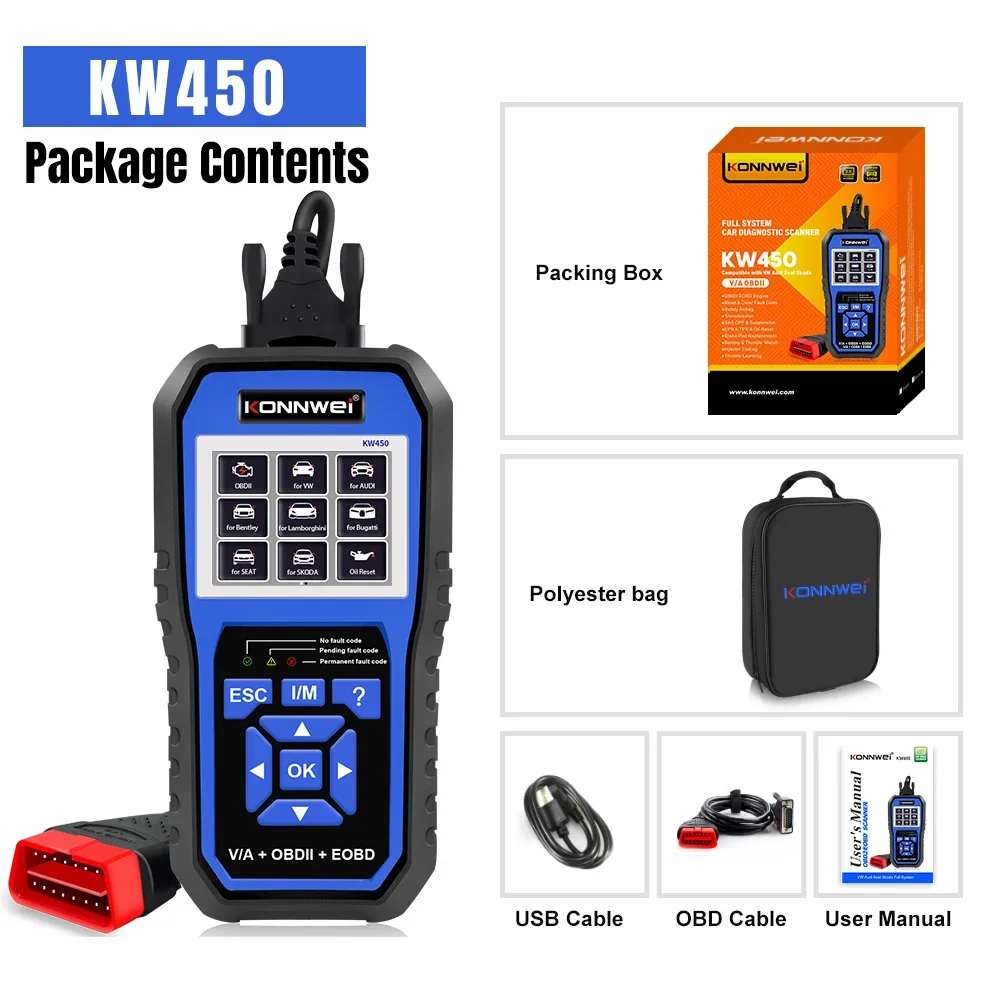 KONNWEI KW450 OBD2 Diagnostic Tool for VAG Cars VW Audi ABS Airbag Oil ABS EPB DPF SRS TPMS Reset Full Systems Scanner VAG COM