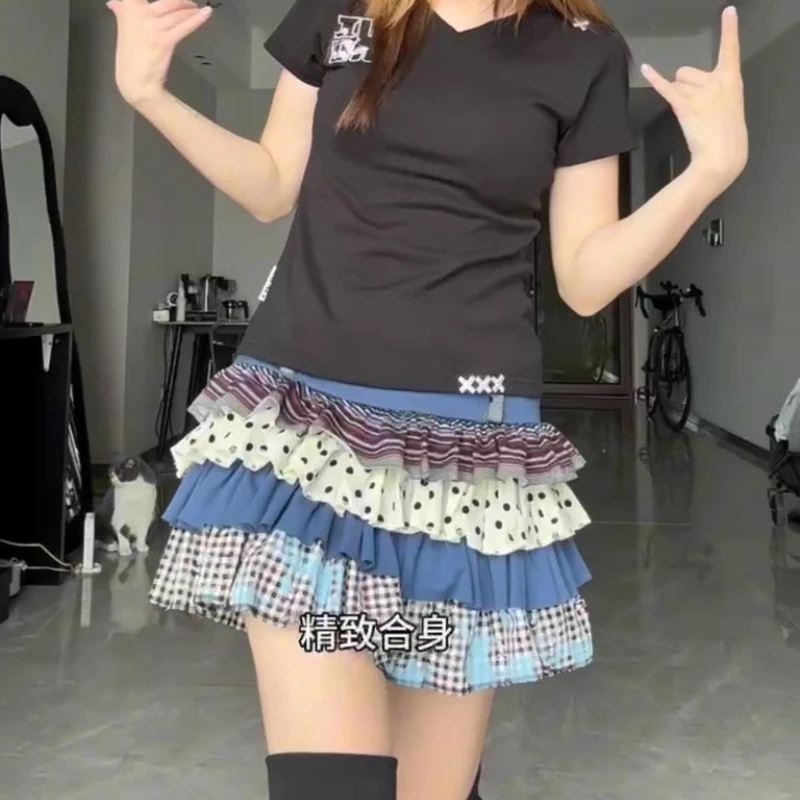 オリジナルデザイン ブルー パッチワーク 水玉模様 レディース プリーツスカート ニューヴィンテージ 可愛い ミニ丈 ケーキ風 ショートスカート