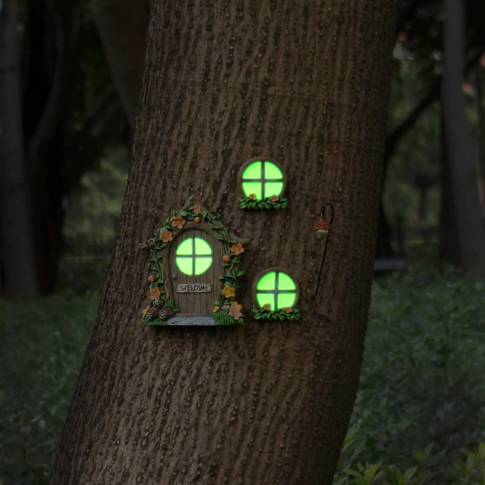 Miniature Tree Door and Panes Kit Weather Resistant Luminous Fairy House Tree Decor Garden Decoration Easy to Install for Yard