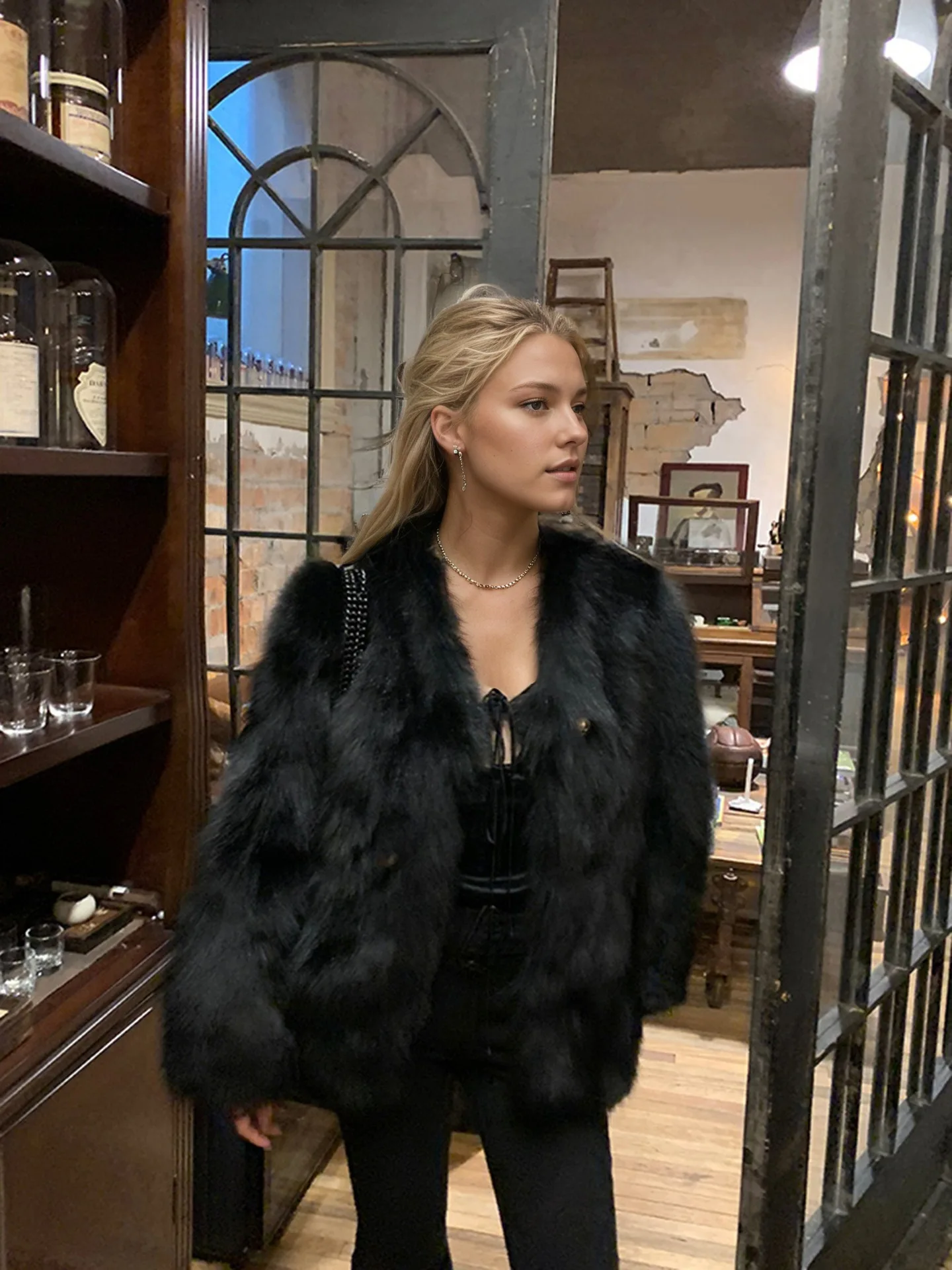 سترة من الفرو الصناعي معاطف نسائية على الطراز العتيق بقصة ضيقة للإجازات للسيدات على الطراز القوطي العصري بتفاصيل حرارية مملوءة بالأسفل مرنة