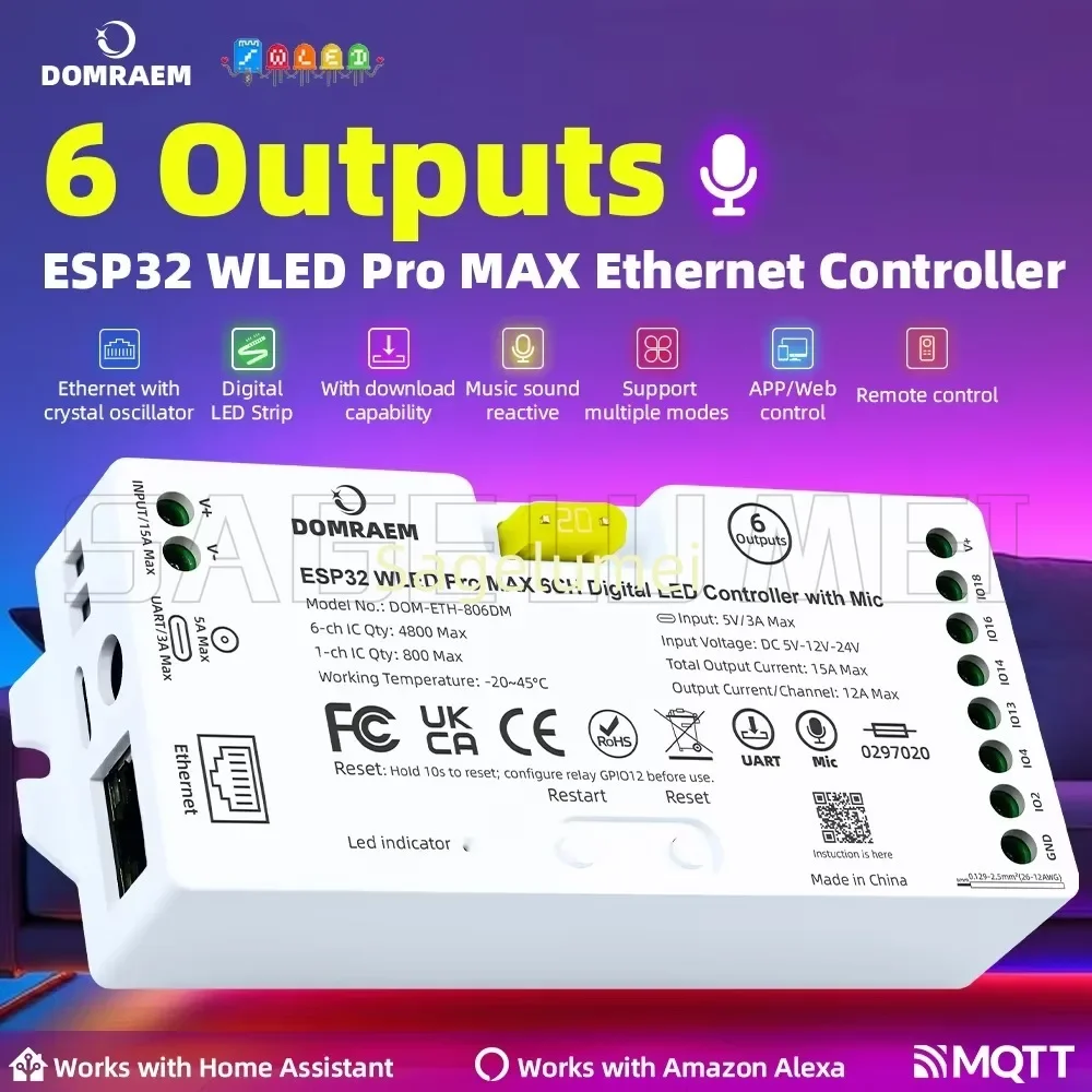 6CH Elite ESP32 WLED LED Strip Light Controller Output Ethernet Microphone UART Energy DIY Dynamic for Digital Addressable RGBIC