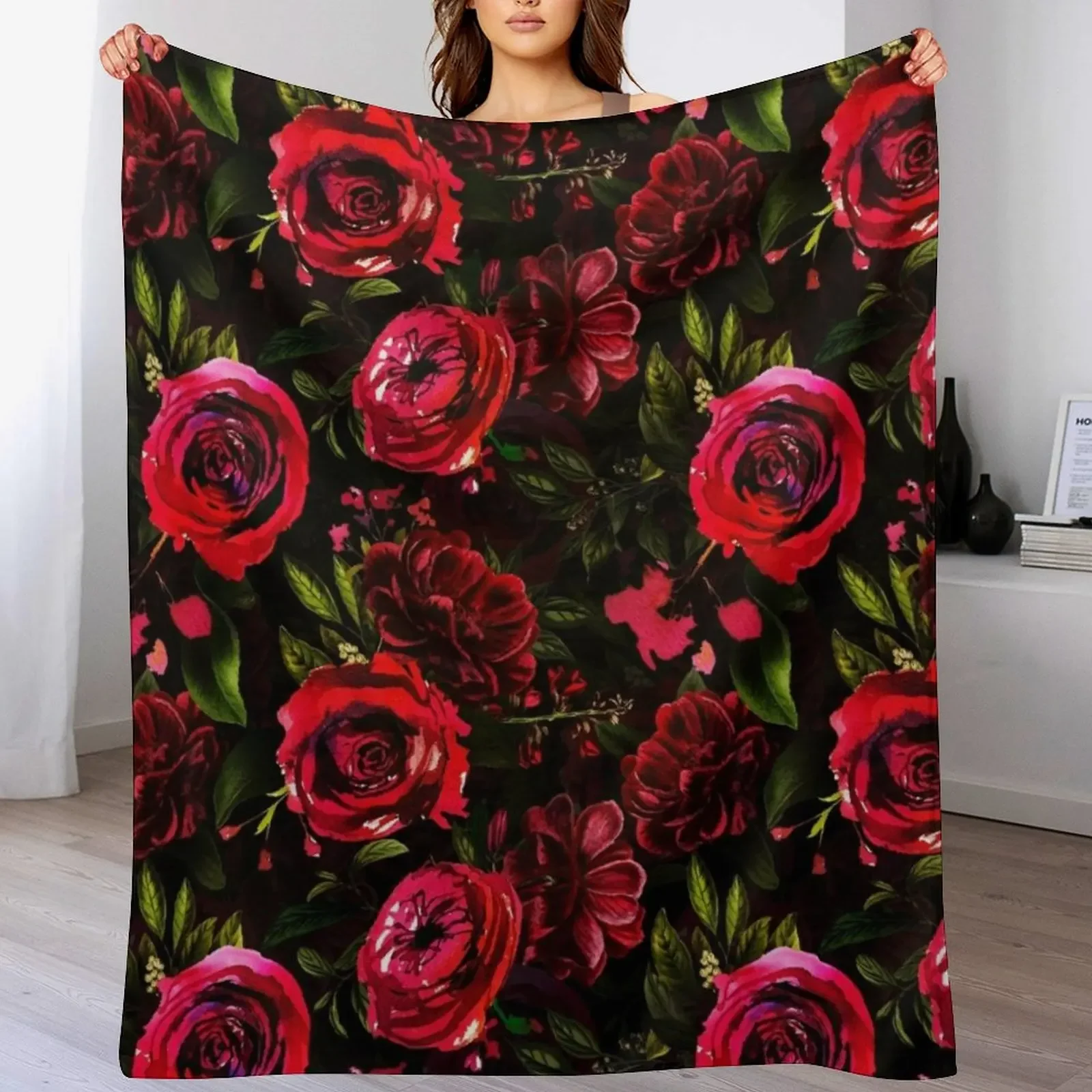 

Dark Red Hand Drawn Watercolor RosesPattern Throw Blanket Soft Bedroom Blanket for Night Sleeping