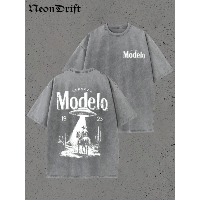 Retro Modelo 1925 Cerveza T-Shirt für Herren, gewaschene Baumwolle, übergroßes UFO-Cowboy-Grafik-T-Shirt, lässige Streetwear, Sommer, kurzärmelig