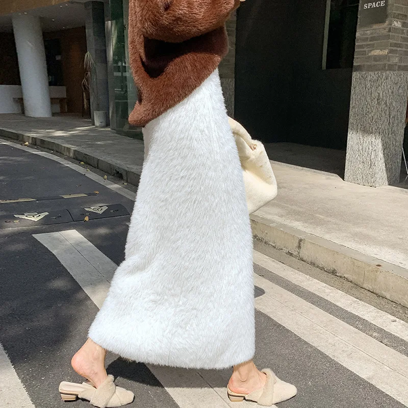 

Knitted Skirt Women Long Skirts 2023 Autumn Winter Warm High Waisted Korean Fashion Solid Casual Elegant Faux Fur Skirt