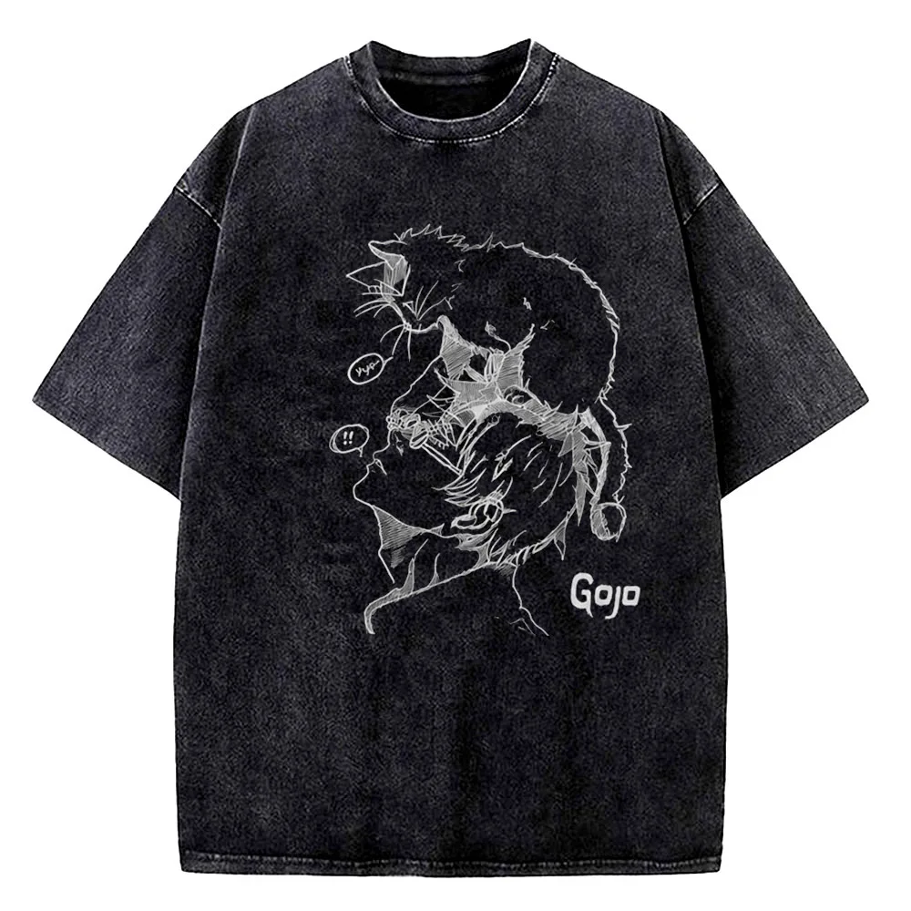 Vintage Washed Jujutsu Kaisen Anime T-shirt Manga Gojo Satoru Graphic T Shirts Short Sleeve 100% Cotton T-shirts Summer Tops