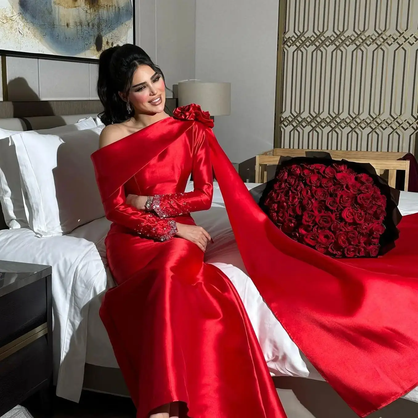 

Aenyrst Saudi Arabia Red Prom Dress Women Off Shoulder Beaded Floral Party Evening Dresses Floor Length Special Occasion Gowns