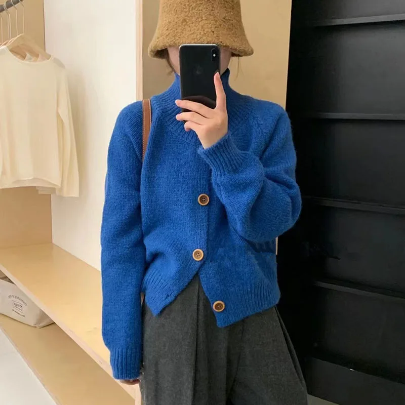 Automne hiver épais chaud col roulé chandails femmes solide Style paresseux lâche tricoté Cardigan femme coréenne décontracté court pull