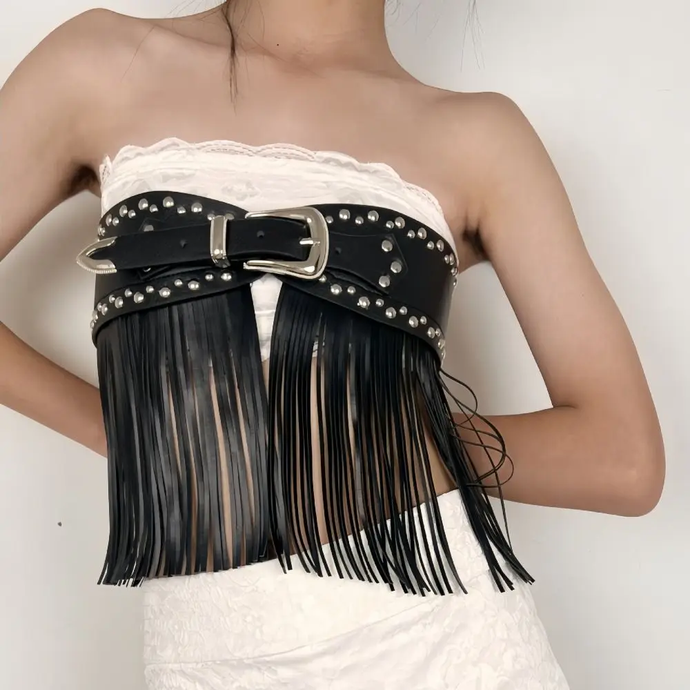 Personality PU Leather Tassel Belt Punk Style Patchwork Design Rivet Belt Vintage Western Cowboy Wide Belt Daily Wear