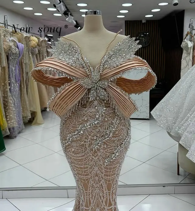 

Блестящие бисерные кристаллы цвета шампанского с открытыми плечами Вечерние платья русалки 2026 Дубай Арабское свадебное платье для гостей по индивидуальному заказу