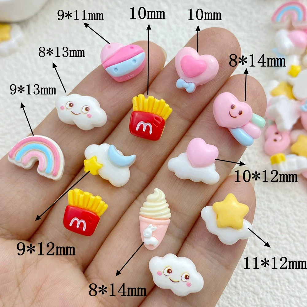 30Pcs New Cute Mini Rainbow Cloud French Fries Resin Flatback  Ornament Jewelry Making Manicure Hairwear Accessorie