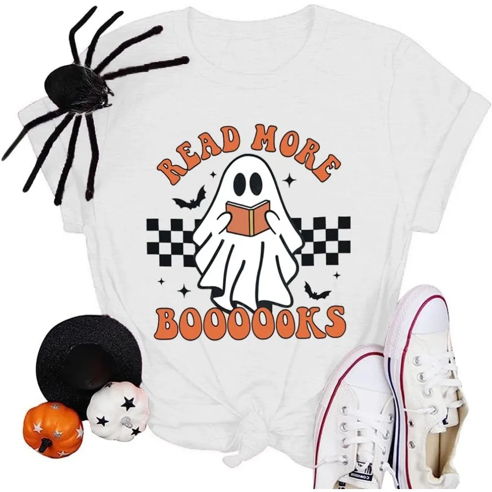 Halloween Teacher Shirts for Women Groovy Read More Books Ghost T-Shirt Short Sleeve Halloween Party Tee Tops