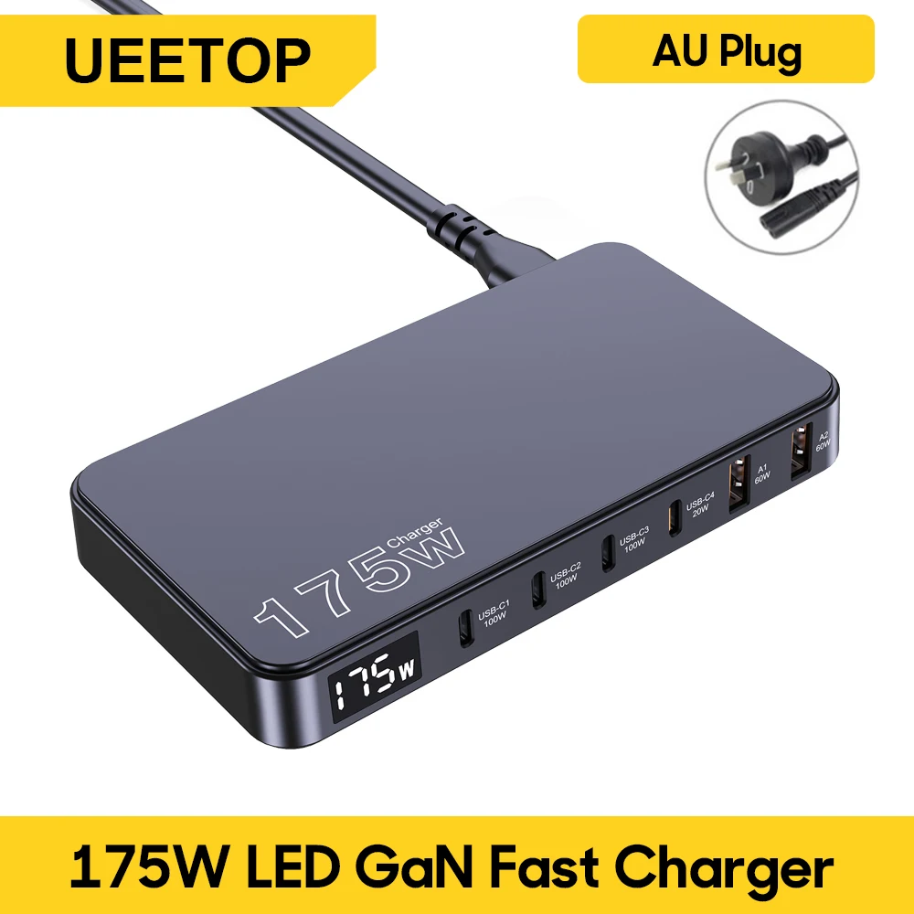 Ueetop 175W Gan Usb C Oplader Led Display 6-poorts Desktop Oplader Type C Pd 100W Pps 45W Snel Opladen Voor Macbook Samsung Iphone
