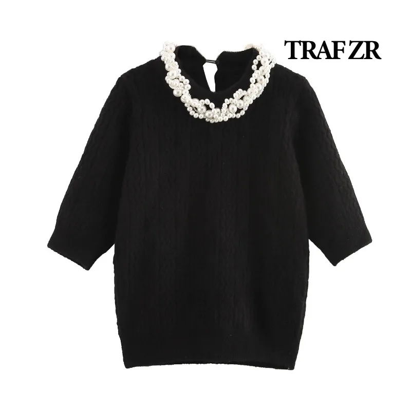 TRAF ZR Cozy Sweaters Y2k Vintage Top Long Sleeve Knit Pullovers Women's Autumn Sweater Black Beading Cropped Pullovers