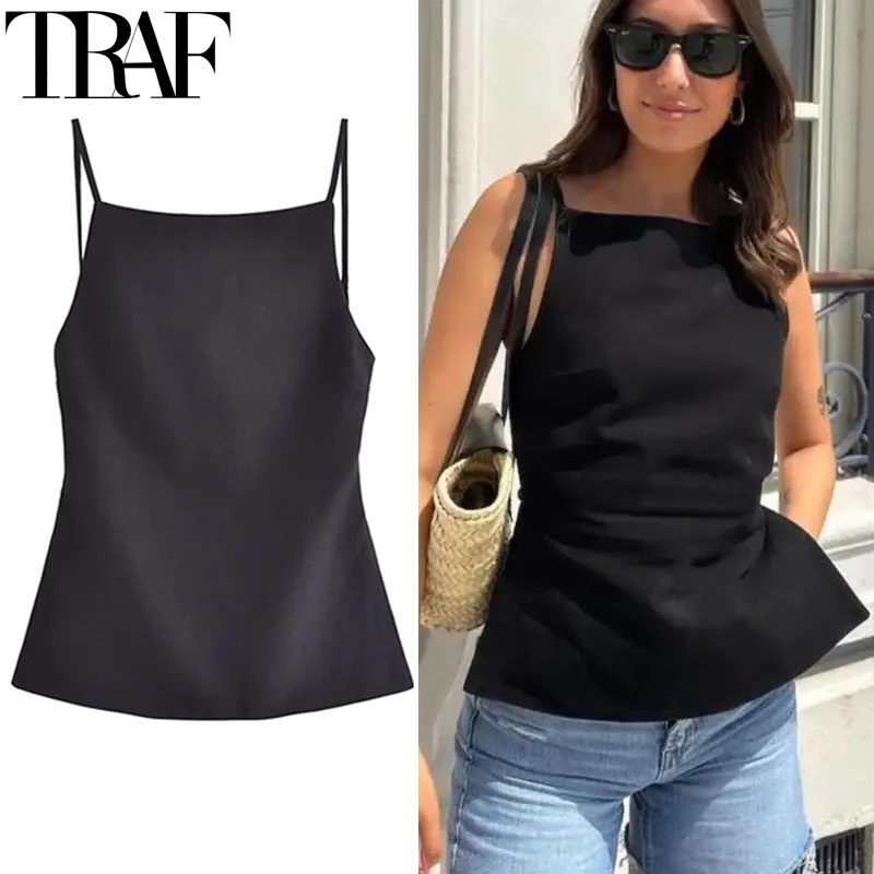 TRAF Bezrękawnik Damski Tank Top Summer Black Crop Top Women Sexy Backless White Top Woman Fashion Party Short Tops With Straps