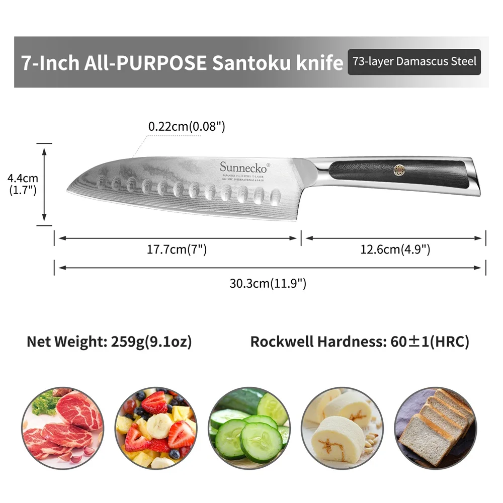 Sunnecko Japanese Chef 7\'\' Inch Santoku vg10 Damascus Steel 73 Layers Blade Slicing Splitting Meat Fish Cooking Accessory