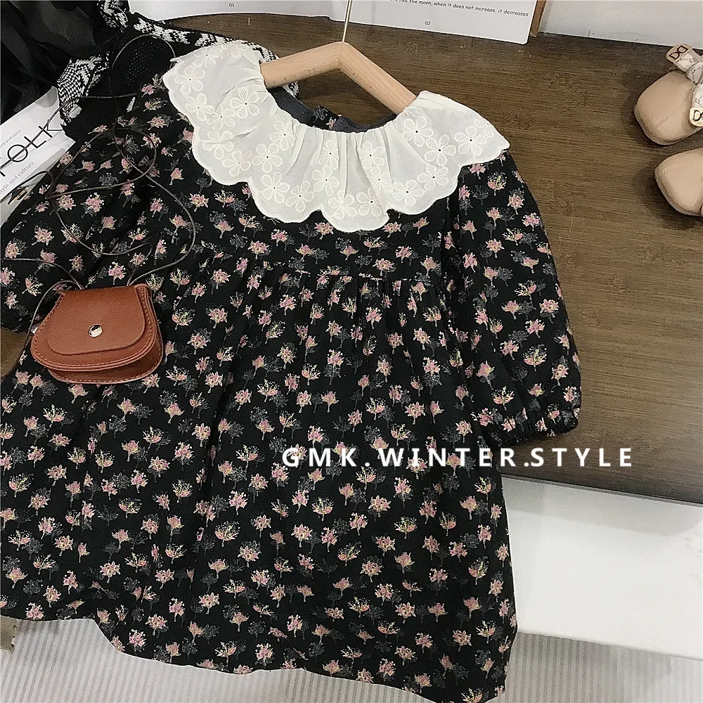 

Autumn Winter Children Girl Dress Cotton Floral Printed Velvet Warm Kid Girl Princess Dress Loose Lace Collar Toddler Girl Dress