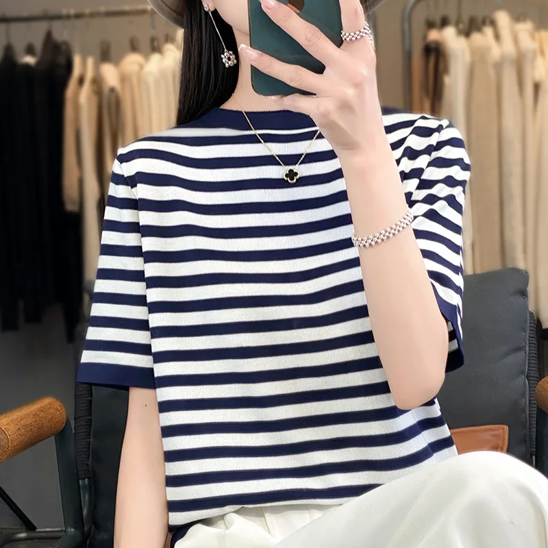 

Women's short sleeved textured top paired with round neck knitted high-quality casual basic T-shirt vest series stripes