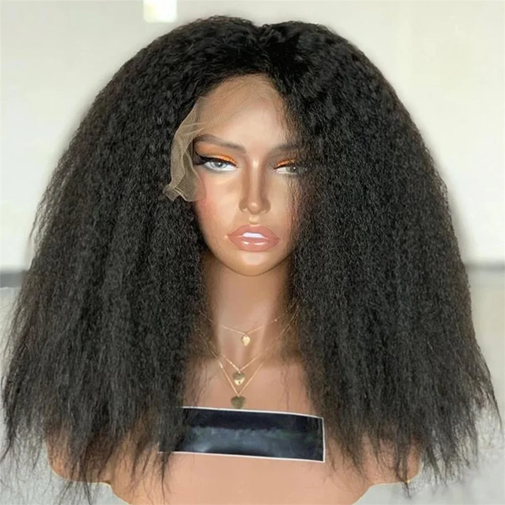 

Yaki 26 inch Soft black 180 Density Kinky straight Lace Front Wig For Women With Baby Hair Synthetic Preplucked Glueless Daily
