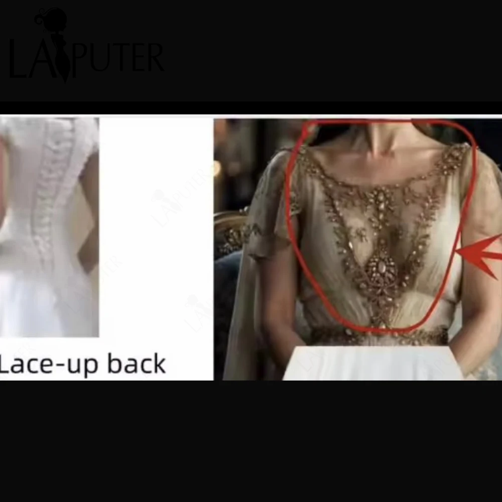 الشمبانيا طويل الشيفون فساتين السهرة الفاخرة مطرز الدانتيل مغرفة الرقبة ألف خط فستان حفلات Ruched صد رفرفة الأكمام فستان رسمي